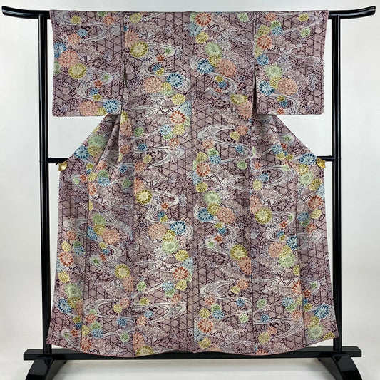 【美品】 小紋 身長156.5cm 袖長62.5cm S 雙層 流水 菊花 絞染 紫 純蠶絲 秀品級