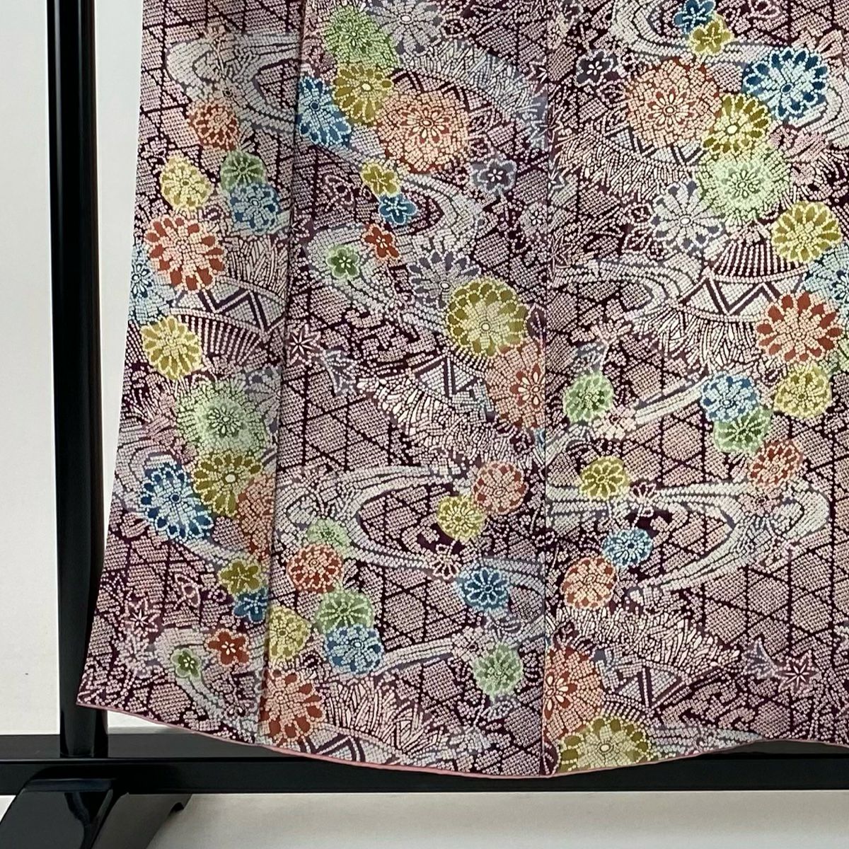 【美品】 小紋 身長156.5cm 袖長62.5cm S 雙層 流水 菊花 絞染 紫 純蠶絲 秀品級