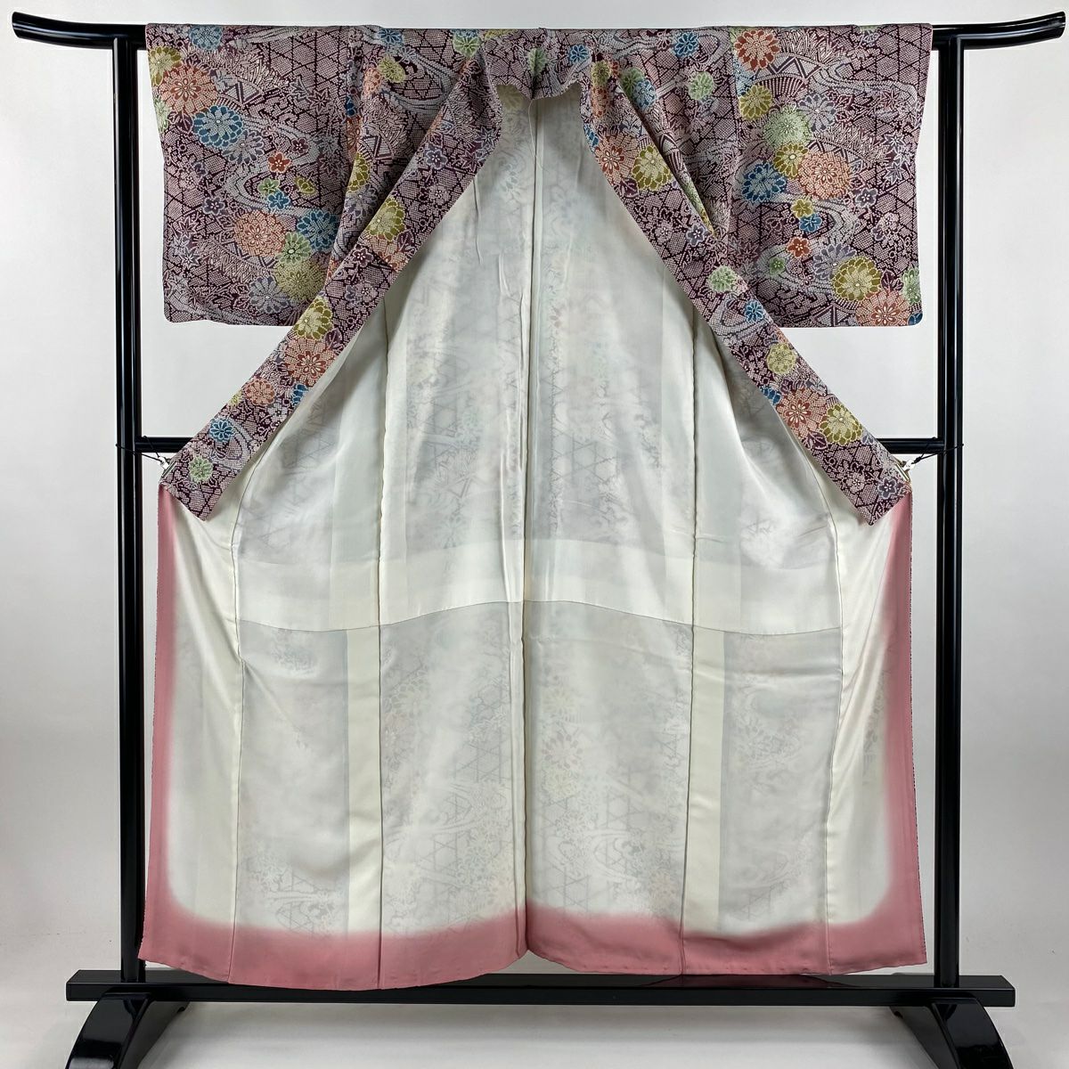【美品】 小紋 身長156.5cm 袖長62.5cm S 雙層 流水 菊花 絞染 紫 純蠶絲 秀品級