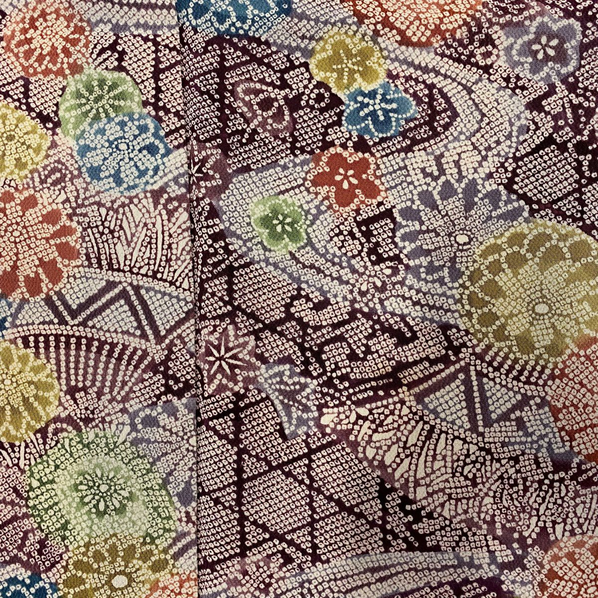 【美品】 小紋 身長156.5cm 袖長62.5cm S 雙層 流水 菊花 絞染 紫 純蠶絲 秀品級