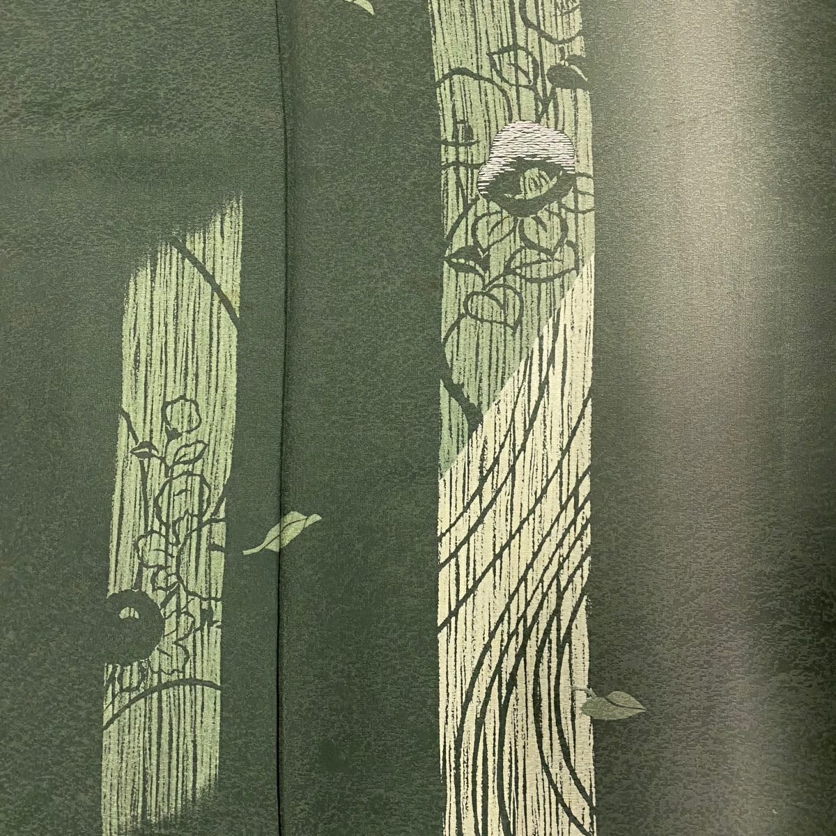 付下 身長161cm 袖長65.5cm M 雙層 椿葉刺繡 漸層 灰綠 純蠶絲 優品級