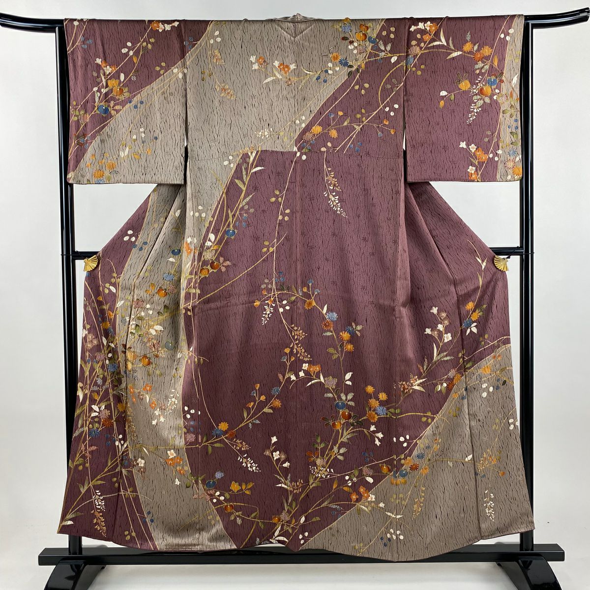 【美品】訪問服 身長155cm 袖長65cm M 雙層 橘 菊花 金絲 金銀彩 小豆 純蠶絲 秀品級