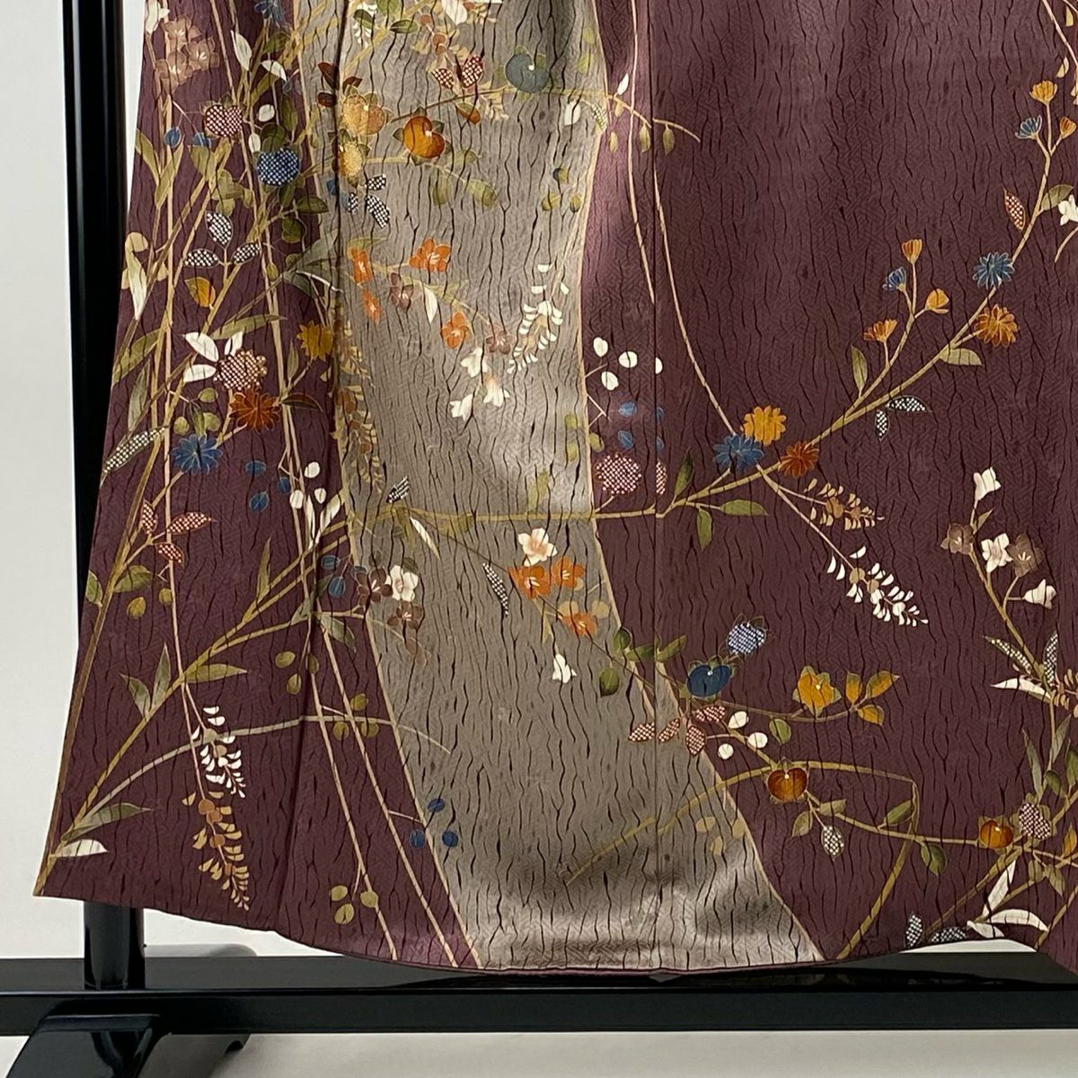 【美品】訪問服 身長155cm 袖長65cm M 雙層 橘 菊花 金絲 金銀彩 小豆 純蠶絲 秀品級