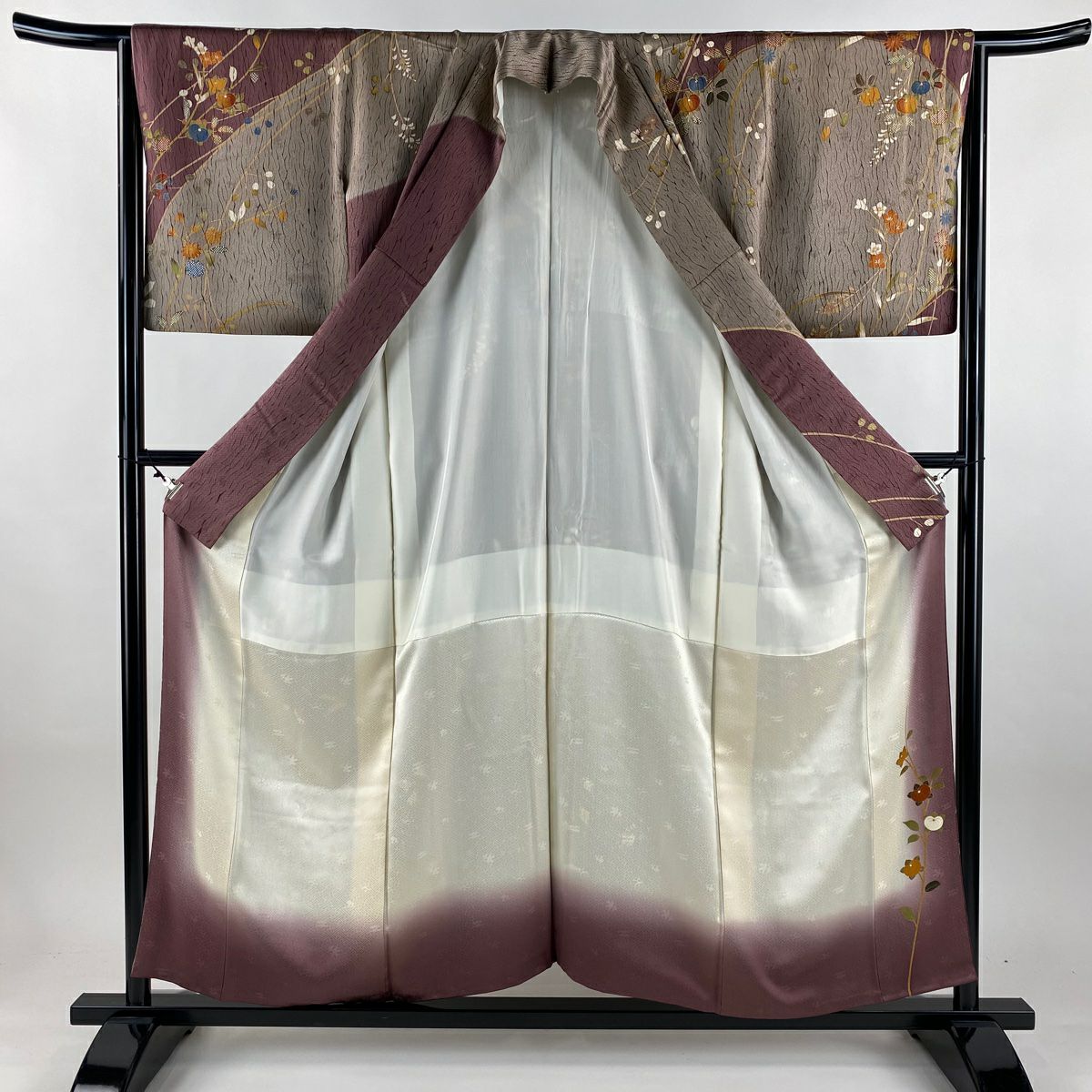 【美品】訪問服 身長155cm 袖長65cm M 雙層 橘 菊花 金絲 金銀彩 小豆 純蠶絲 秀品級