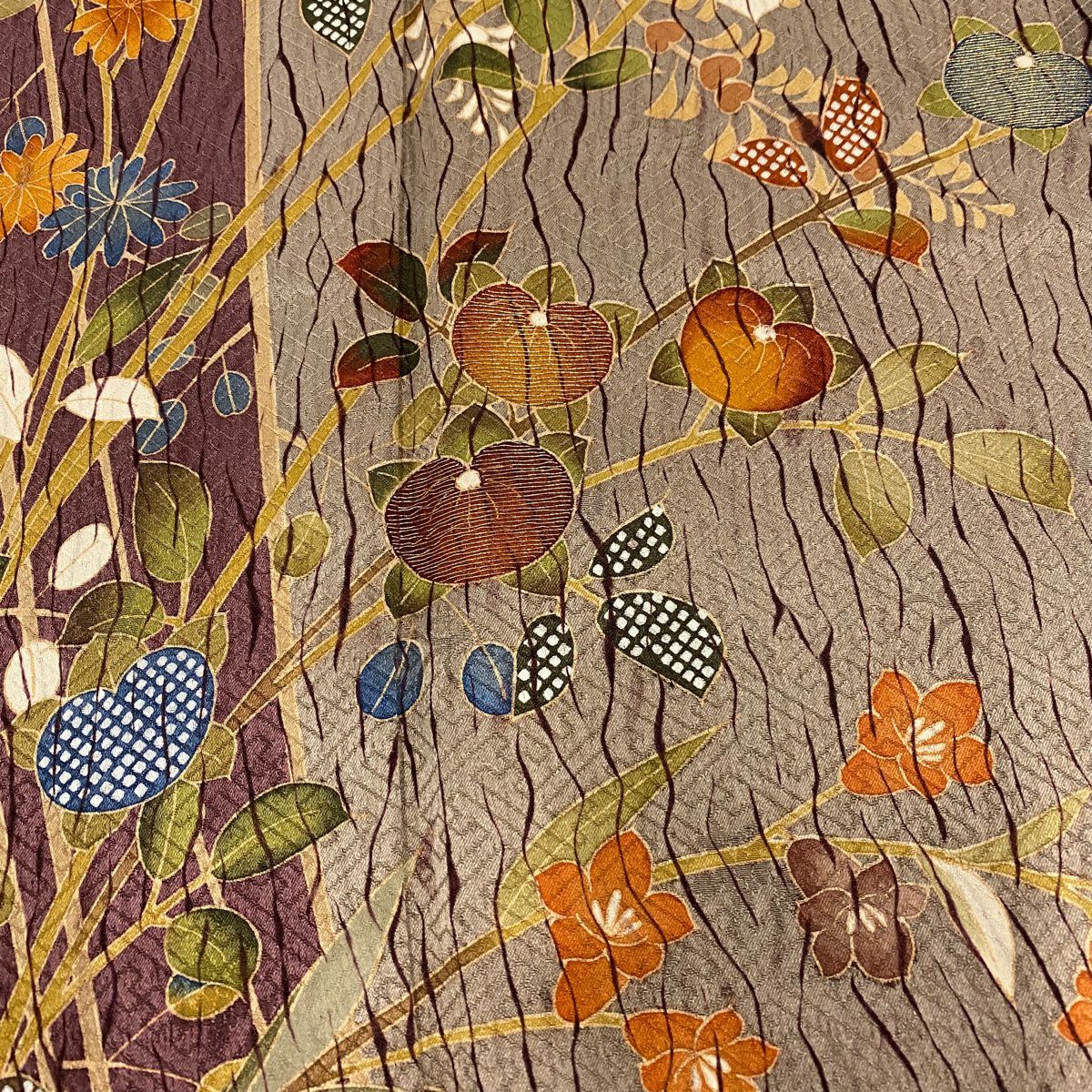 【美品】訪問服 身長155cm 袖長65cm M 雙層 橘 菊花 金絲 金銀彩 小豆 純蠶絲 秀品級