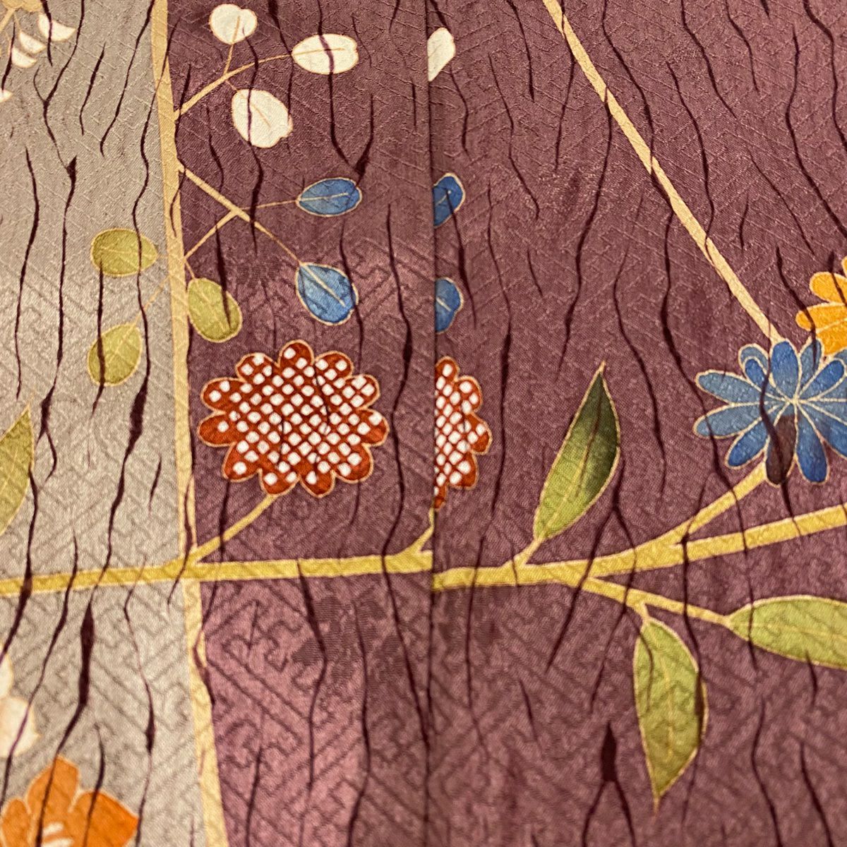 【美品】訪問服 身長155cm 袖長65cm M 雙層 橘 菊花 金絲 金銀彩 小豆 純蠶絲 秀品級
