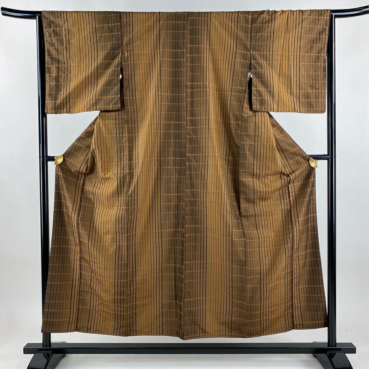 【美品】 紬織 身長154.5cm 袖長64.5cm M 雙層 格子 茶 純蠶絲 秀品級