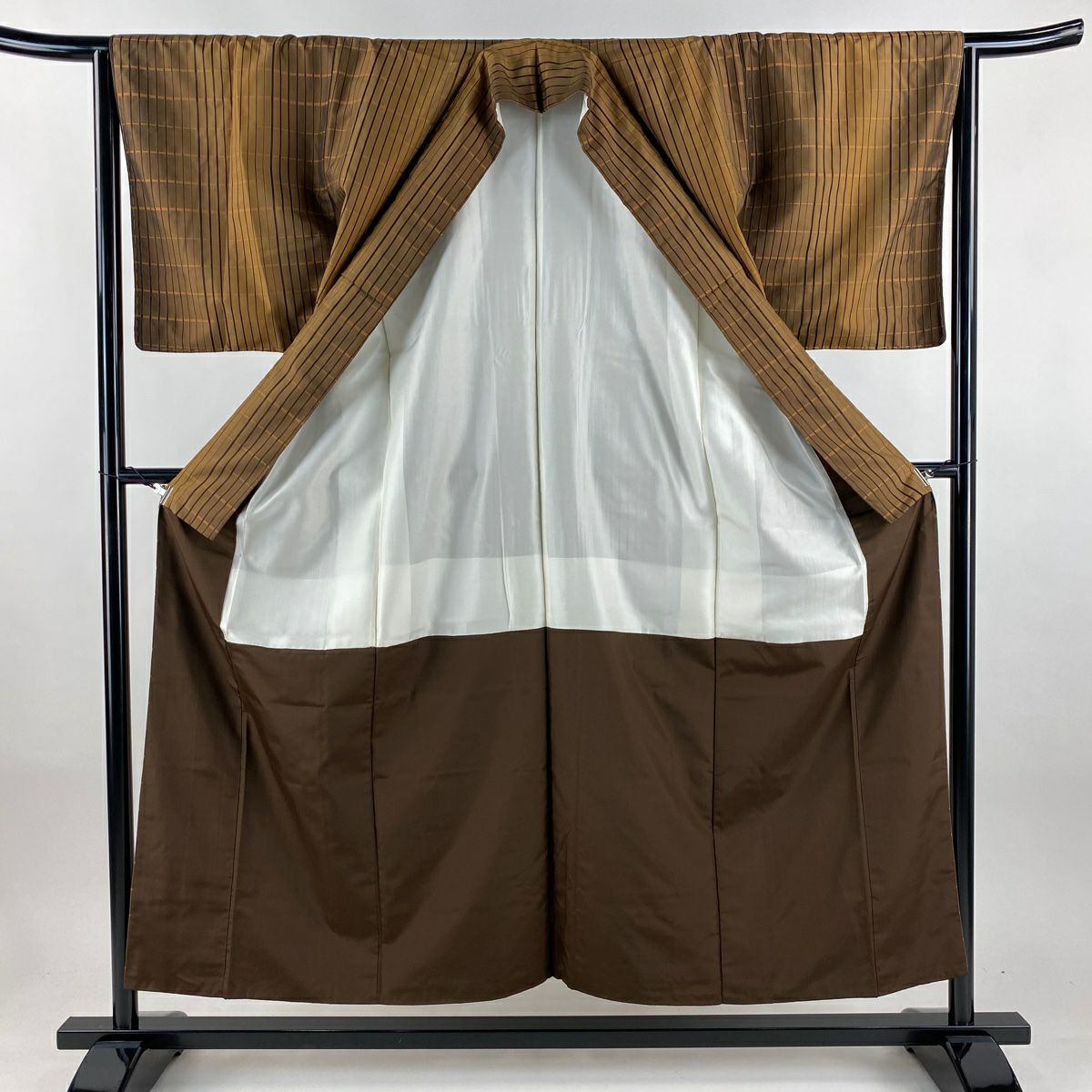 【美品】 紬織 身長154.5cm 袖長64.5cm M 雙層 格子 茶 純蠶絲 秀品級