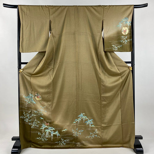 【美品】 付下 身長171cm 袖長66.5cm M 雙層 椿 流水 刺繡 金銀彩 淺茶 純蠶絲 優品級