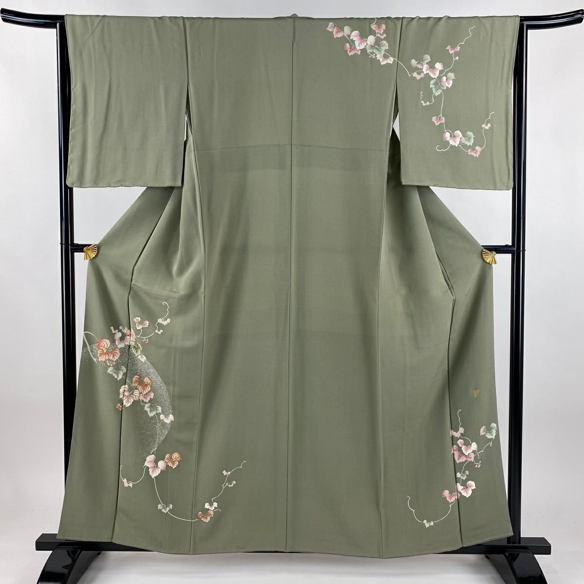 付下 身長157cm 袖長64.5cm M 雙層 落款あり 葉與實 刺繡 金線 灰綠 純蠶絲 優品級