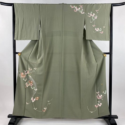 付下 身長157cm 袖長64.5cm M 雙層 落款あり 葉與實 刺繡 金線 灰綠 純蠶絲 優品級