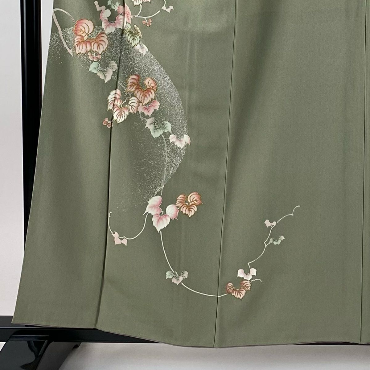 付下 身長157cm 袖長64.5cm M 雙層 落款あり 葉與實 刺繡 金線 灰綠 純蠶絲 優品級