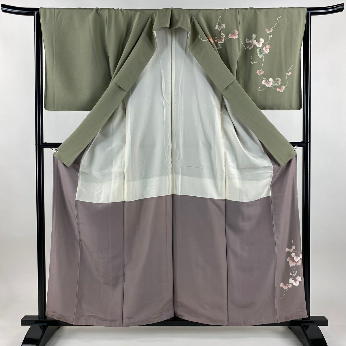付下 身長157cm 袖長64.5cm M 雙層 落款あり 葉與實 刺繡 金線 灰綠 純蠶絲 優品級