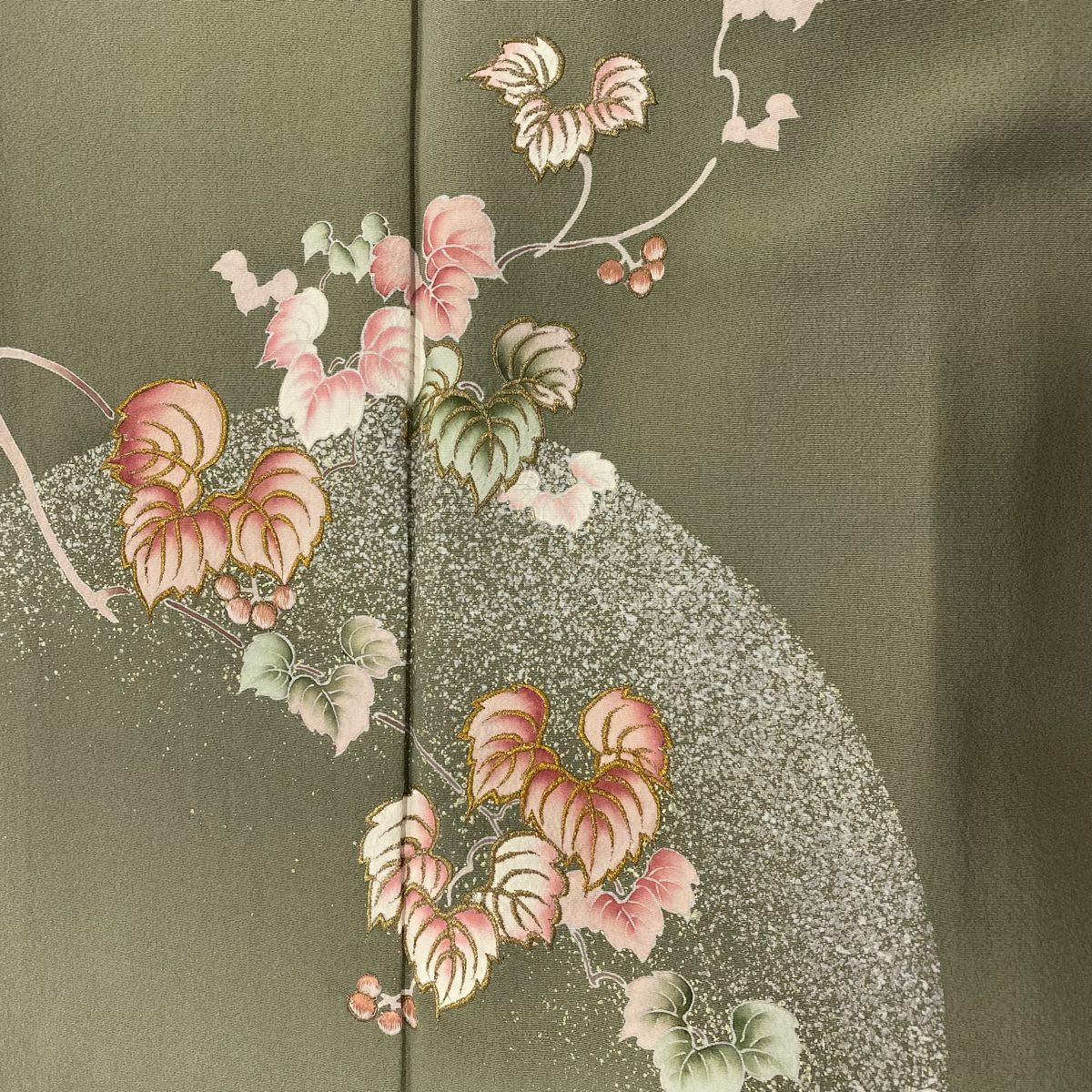 付下 身長157cm 袖長64.5cm M 雙層 落款あり 葉與實 刺繡 金線 灰綠 純蠶絲 優品級