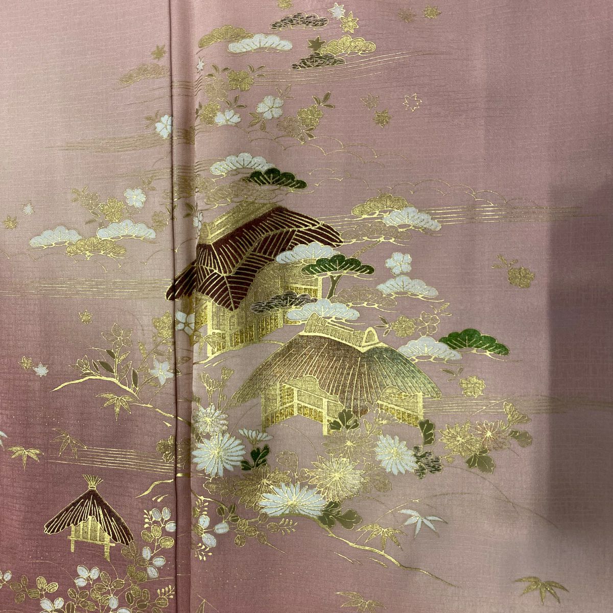 【美品】訪問服 身長151cm 袖長63cm S 雙層 家屋 流水 金彩裝飾 漸層 粉紅 純蠶絲 秀品級