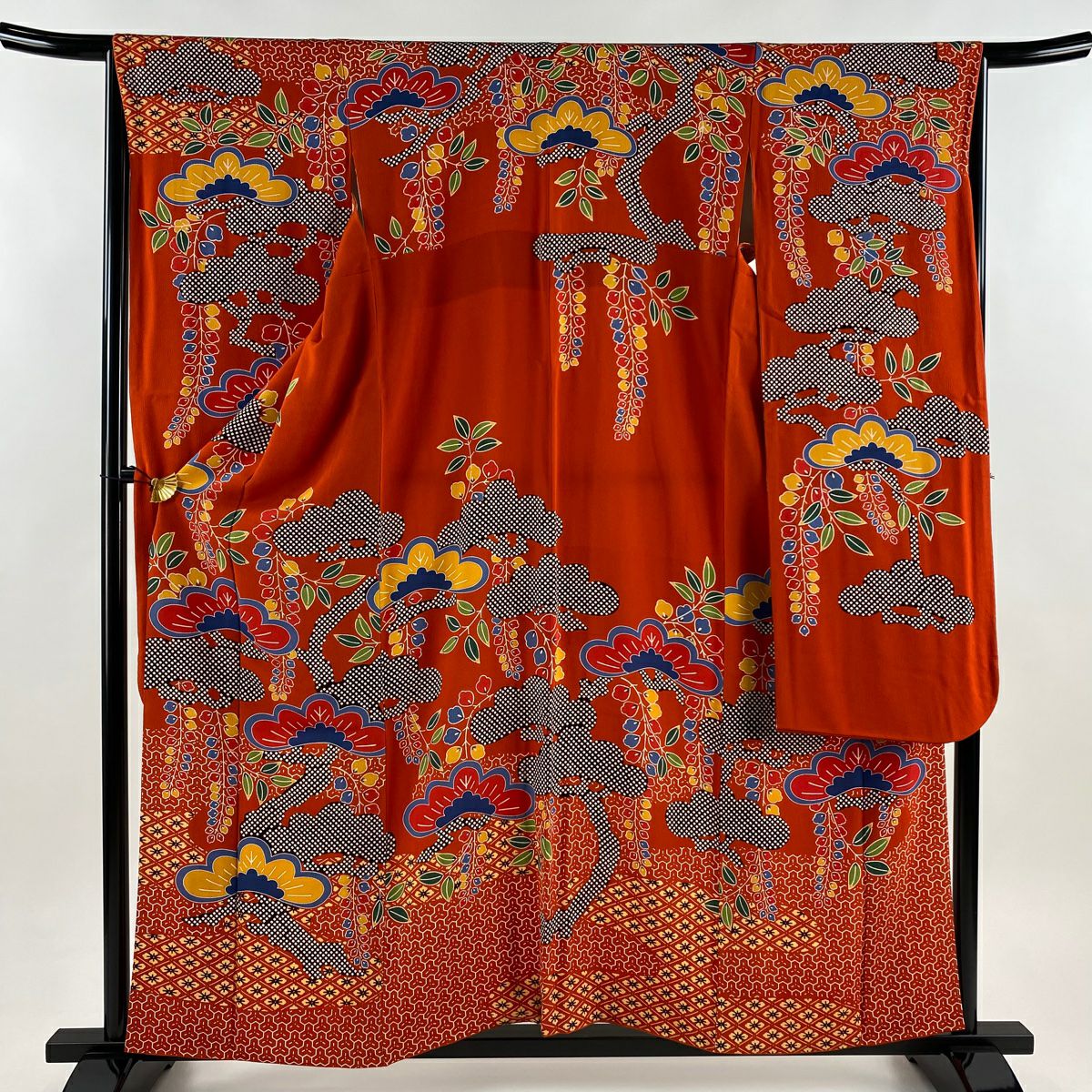 【美品】振袖禮服 身長158cm 袖長66cm M 雙層 栗山吉三郎 落款あり 松樹 藤 絞染 朱 純蠶絲 逸品級