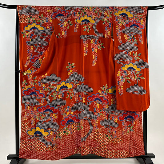 【美品】振袖禮服 身長158cm 袖長66cm M 雙層 栗山吉三郎 落款あり 松樹 藤 絞染 朱 純蠶絲 逸品級
