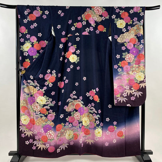 【美品】振袖禮服 身長160cm 袖長68cm L 雙層 牡丹 松樹 金通刺繡 深藍 純蠶絲 逸品級