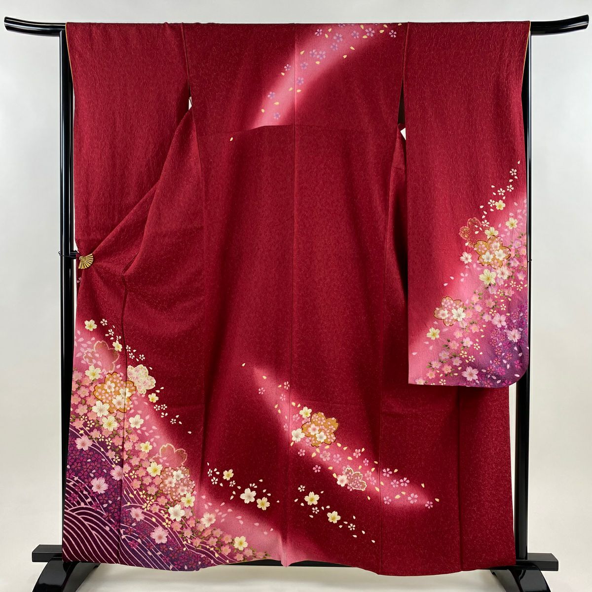 【美品】振袖禮服 身長160.5cm 袖長65.5cm M 雙層 櫻花 波紋 金通 金銀彩 紅 純蠶絲 逸品級