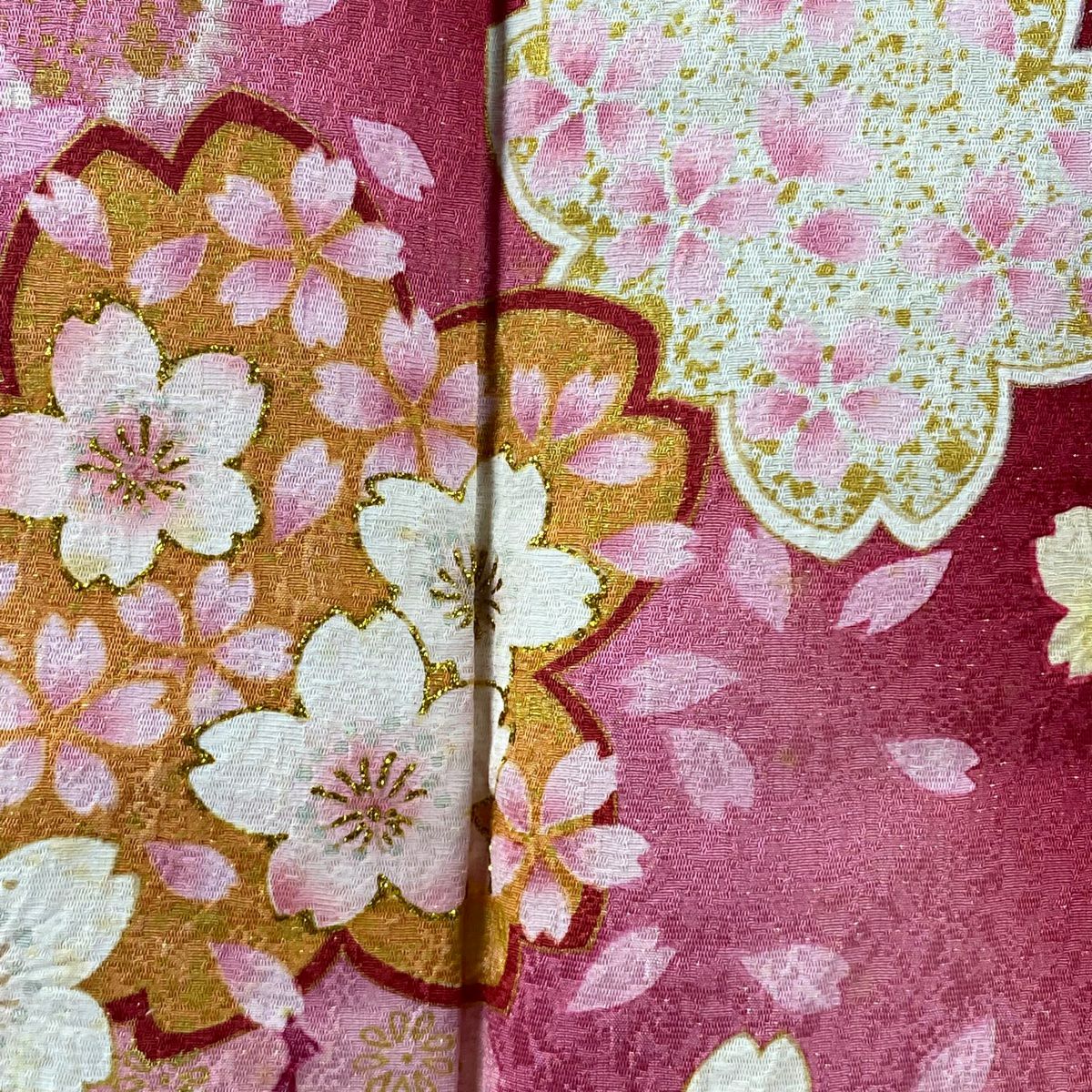 【美品】振袖禮服 身長160.5cm 袖長65.5cm M 雙層 櫻花 波紋 金通 金銀彩 紅 純蠶絲 逸品級