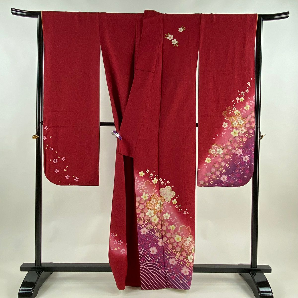 【美品】振袖禮服 身長160.5cm 袖長65.5cm M 雙層 櫻花 波紋 金通 金銀彩 紅 純蠶絲 逸品級