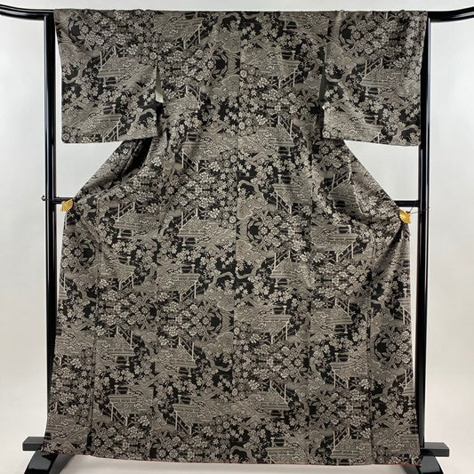 【美品】 大島織 身長165cm 袖長65cm M 雙層 純泥染 證書附帶 人物 草花紋紋 焦茶 正蠶絲 逸品級