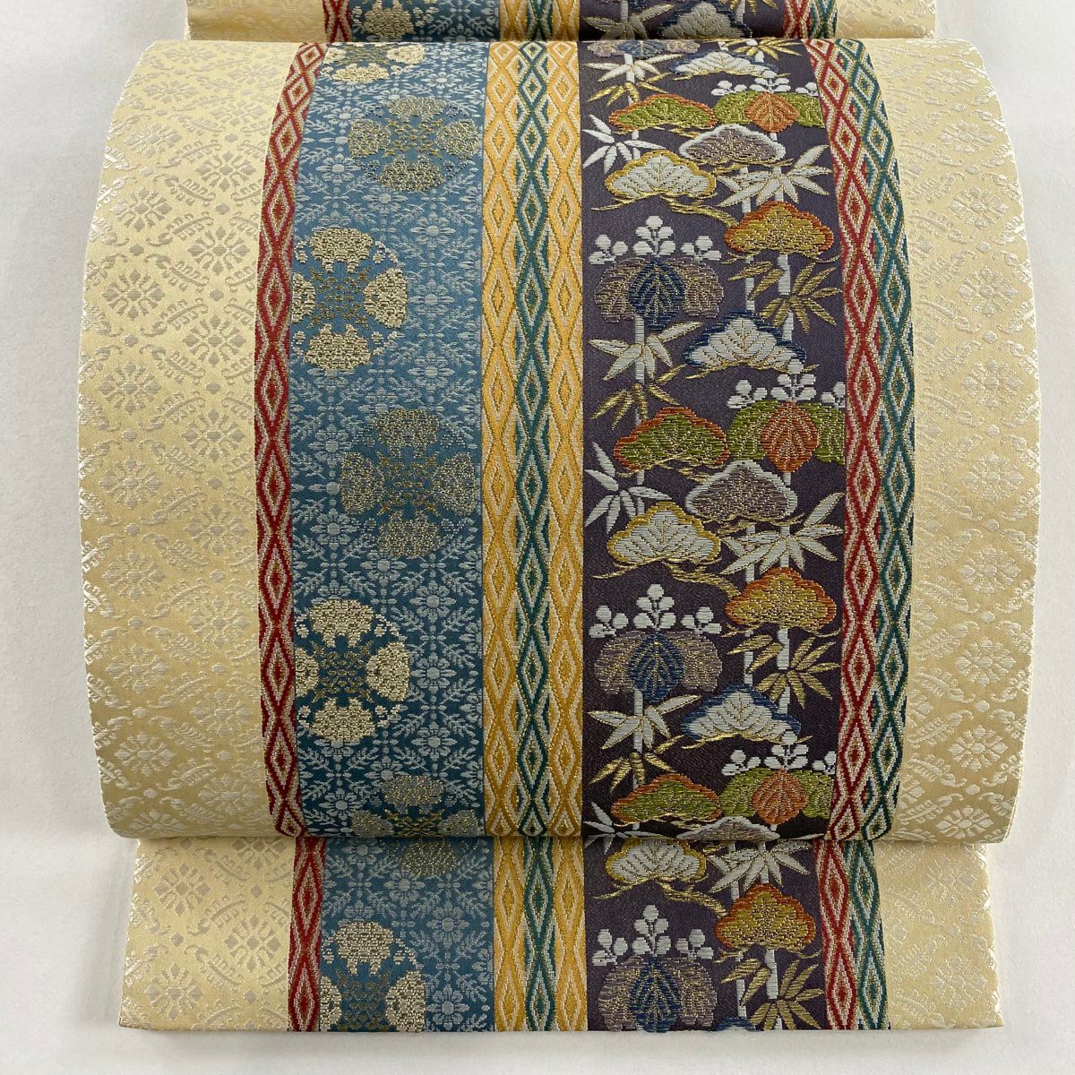 【美品】 袋帶 名品級 華紋 松樹 金絲 刺繡 淺茶 深色 六通 純蠶絲