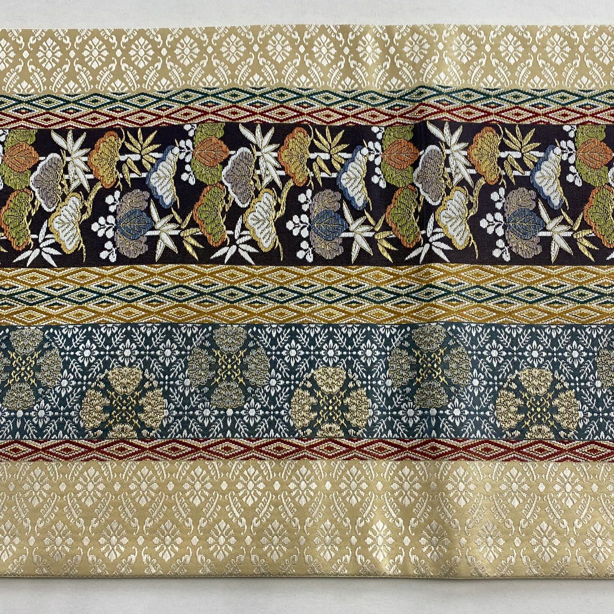【美品】 袋帶 名品級 華紋 松樹 金絲 刺繡 淺茶 深色 六通 純蠶絲