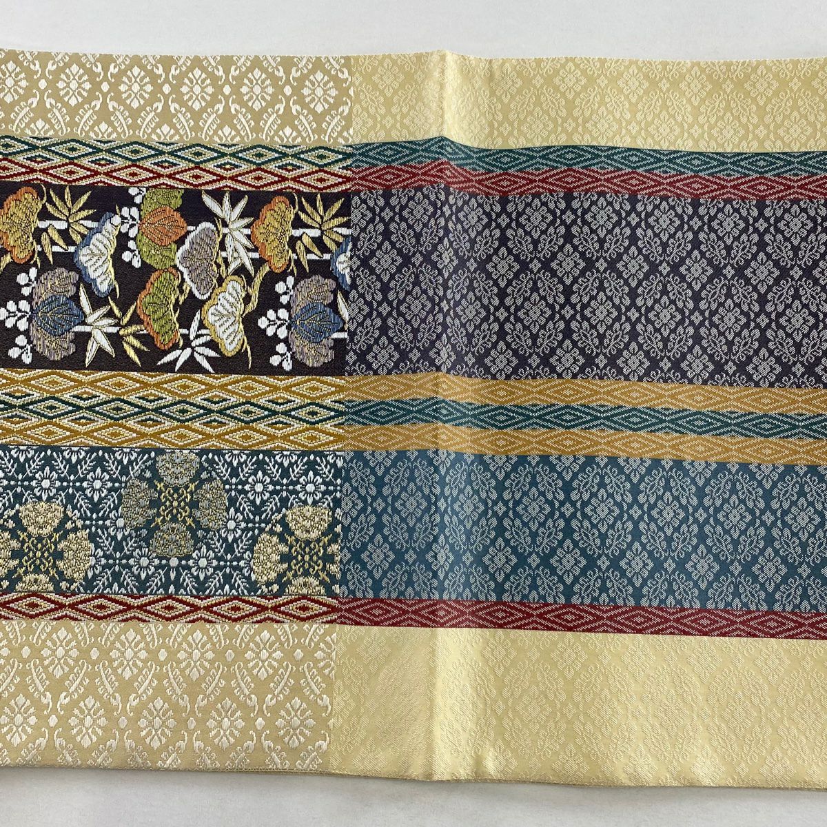 【美品】 袋帶 名品級 華紋 松樹 金絲 刺繡 淺茶 深色 六通 純蠶絲