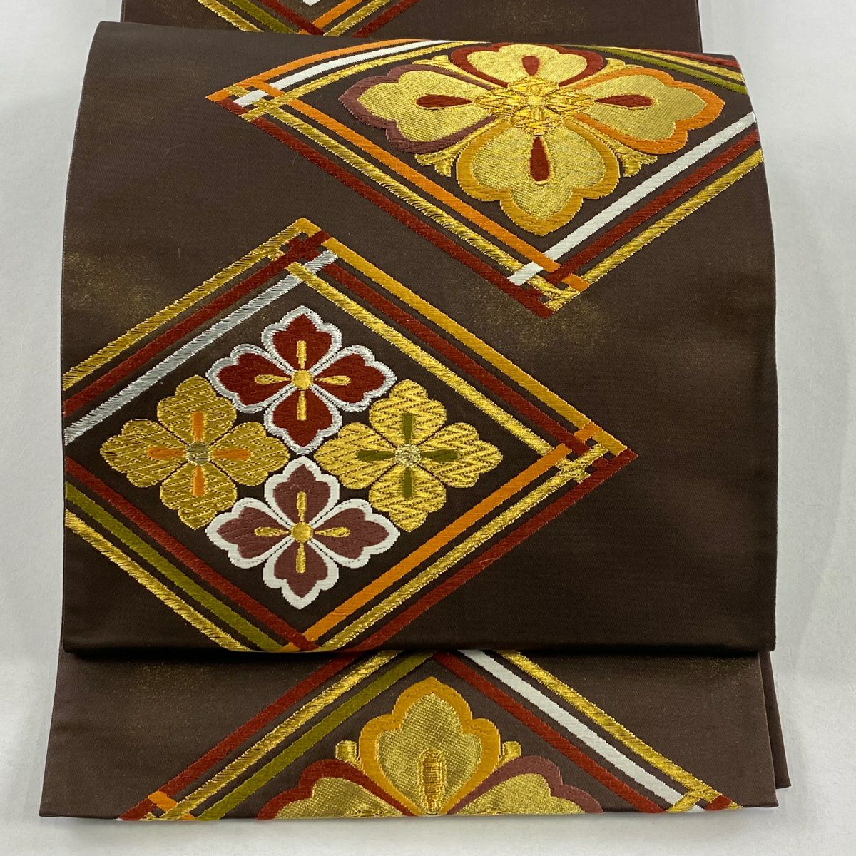【美品】 袋帶 名品級 落款あり 本家加納 花菱 金銀彩 金金箔 茶 六通 純蠶絲