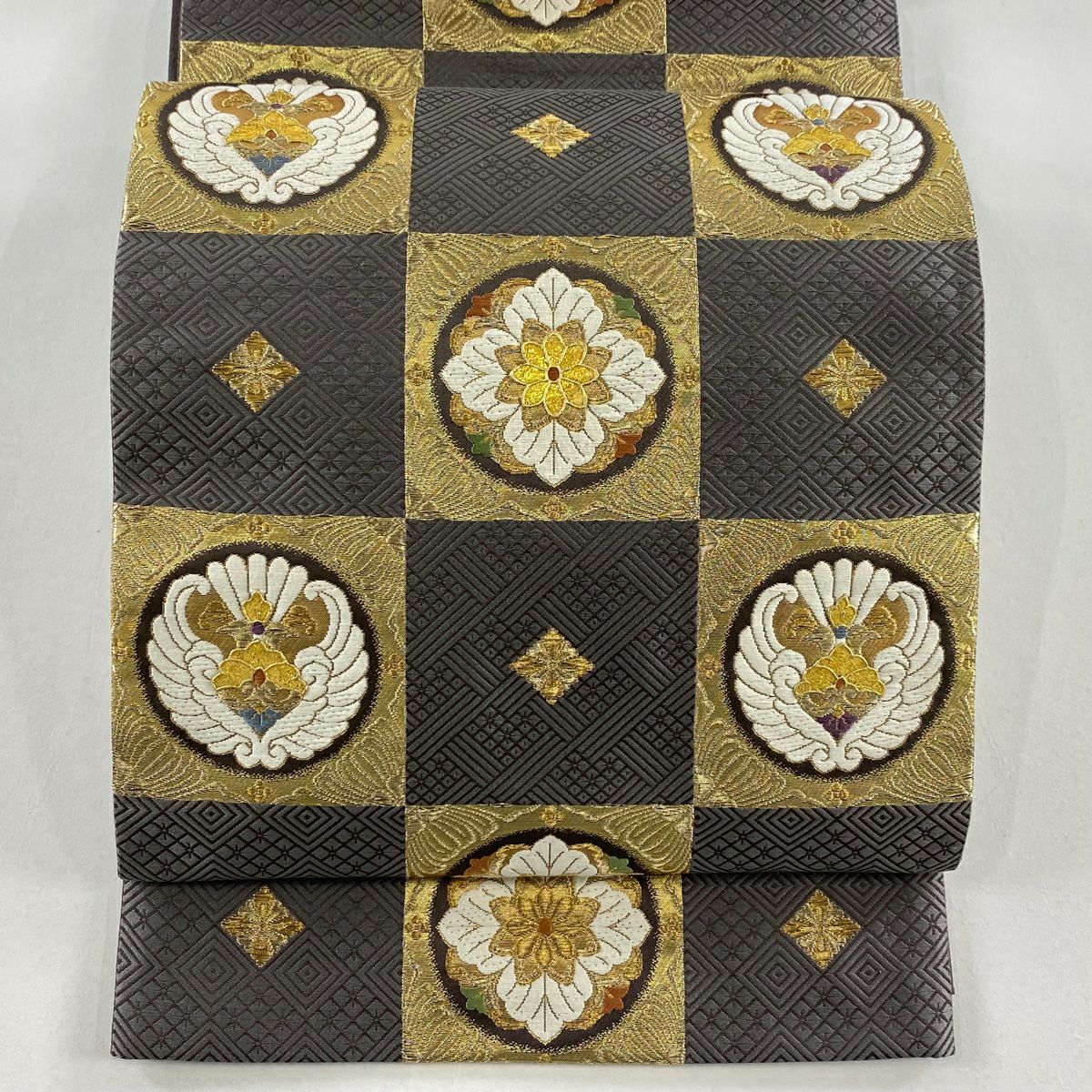 【美品】 袋帶 名品級 華紋 菱 金絲 金金箔 灰色 六通 純蠶絲