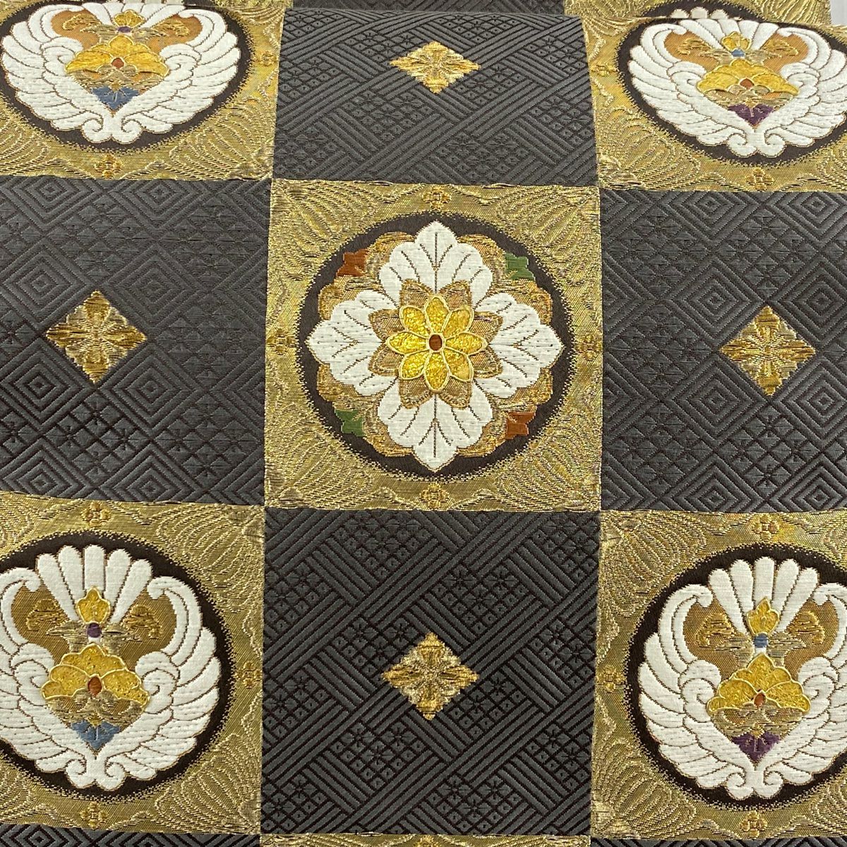 【美品】 袋帶 名品級 華紋 菱 金絲 金金箔 灰色 六通 純蠶絲