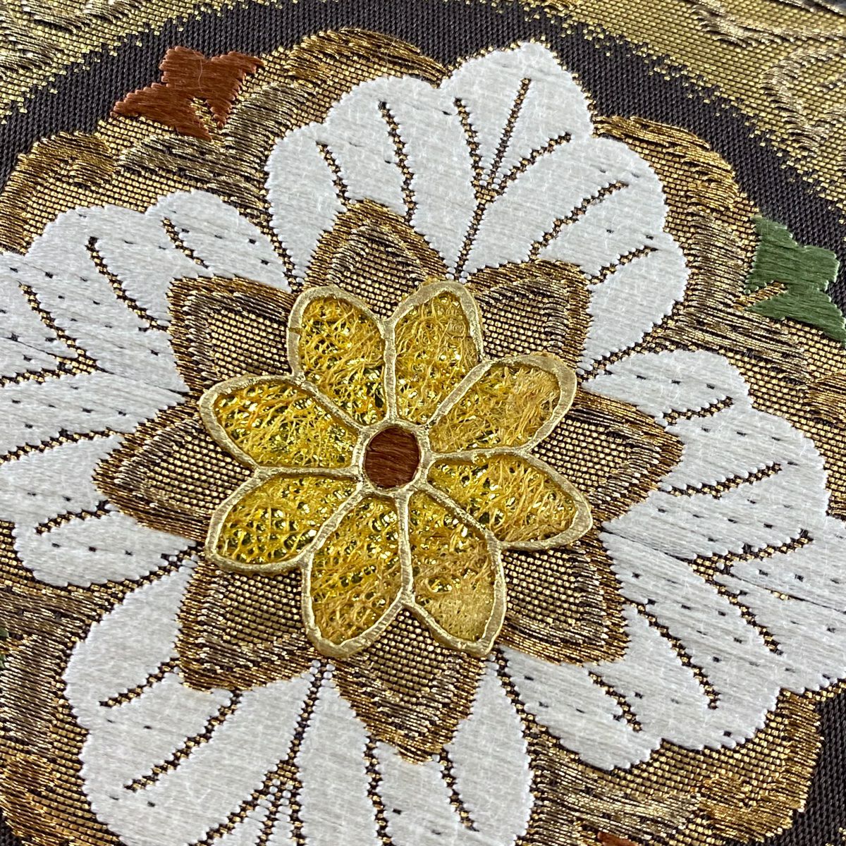 【美品】 袋帶 名品級 華紋 菱 金絲 金金箔 灰色 六通 純蠶絲