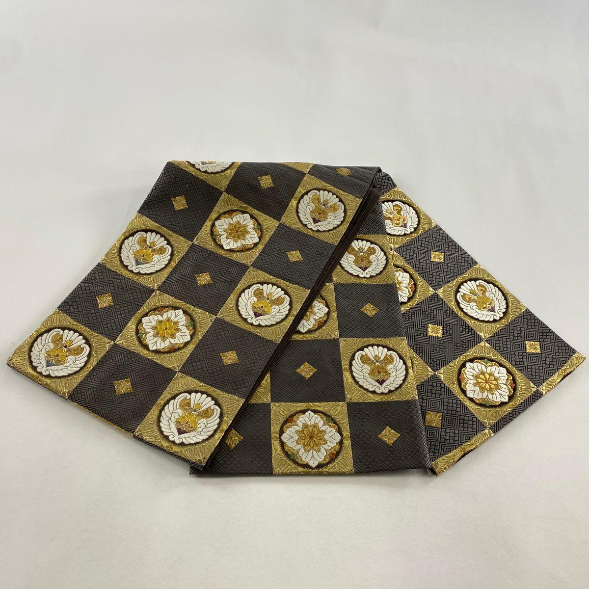 【美品】 袋帶 名品級 華紋 菱 金絲 金金箔 灰色 六通 純蠶絲
