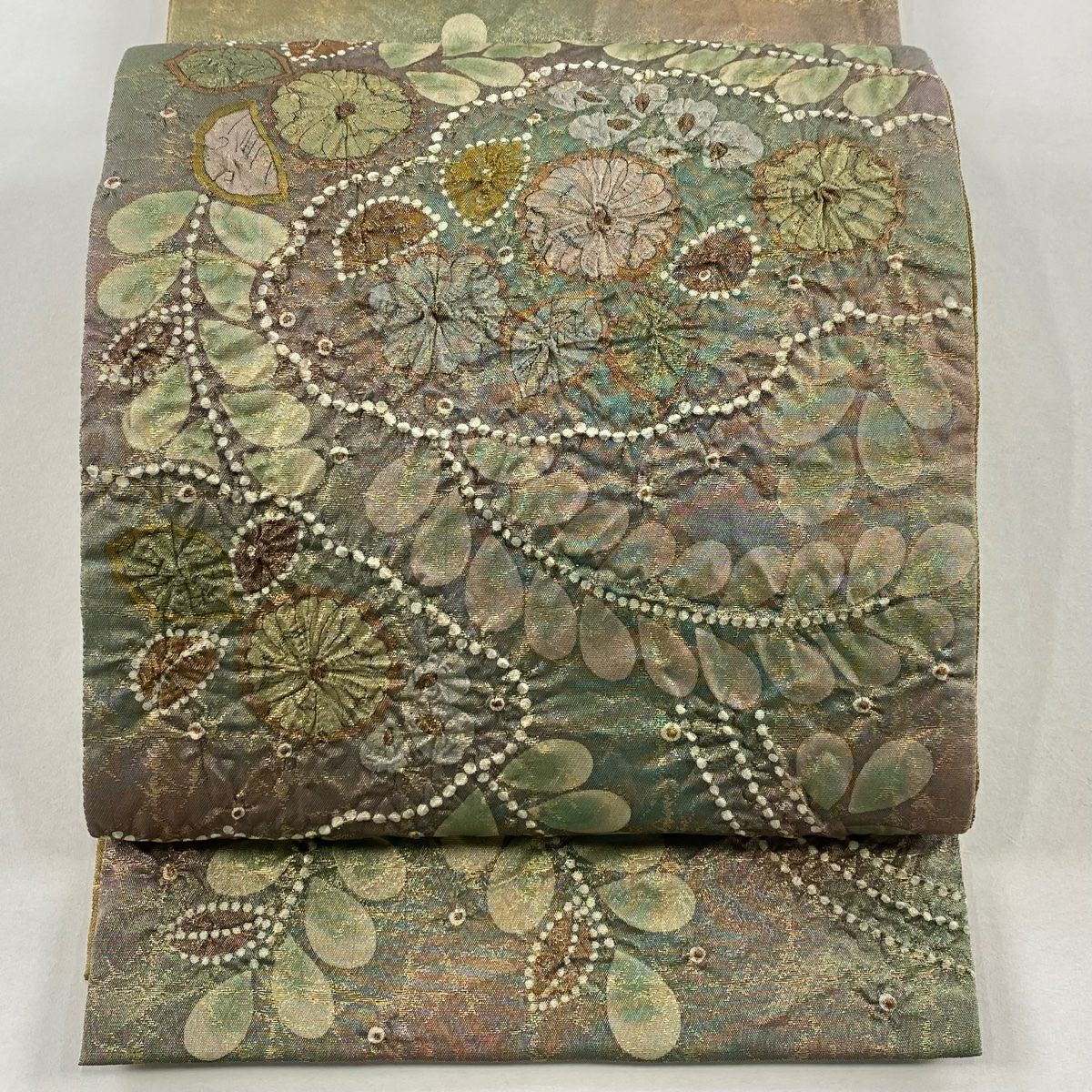 【美品】 袋帶 名品級 落款あり 辻花染 金金箔 茶綠 お太鼓柄 純蠶絲