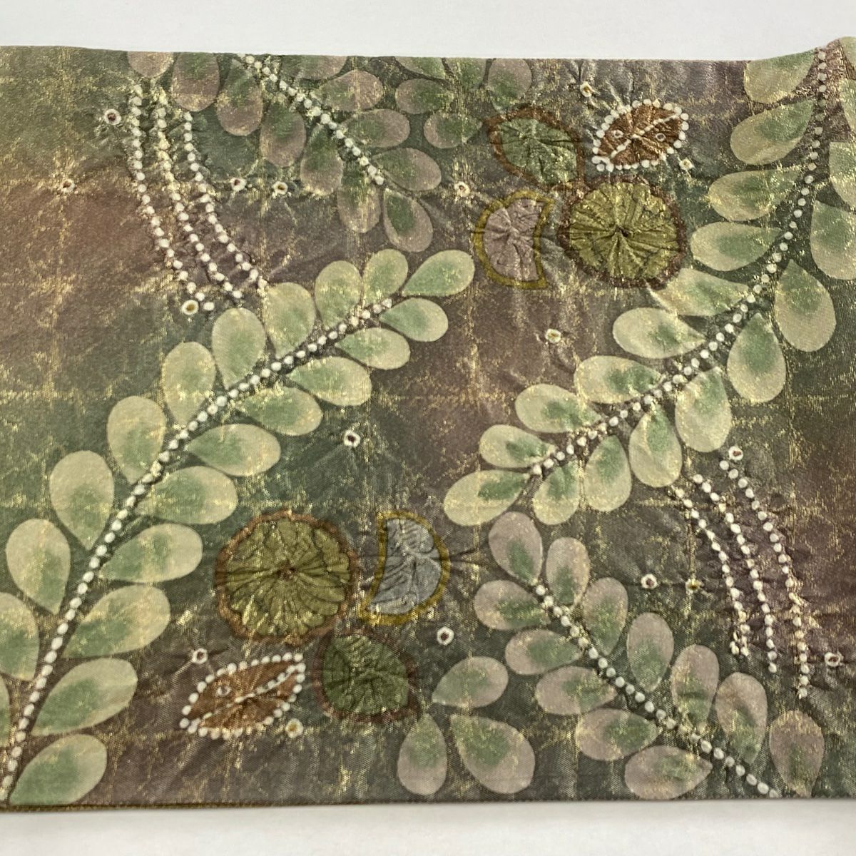 【美品】 袋帶 名品級 落款あり 辻花染 金金箔 茶綠 お太鼓柄 純蠶絲