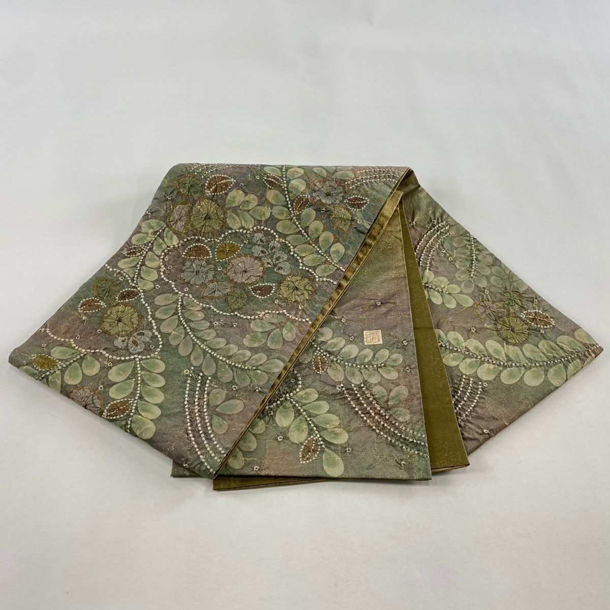 【美品】 袋帶 名品級 落款あり 辻花染 金金箔 茶綠 お太鼓柄 純蠶絲
