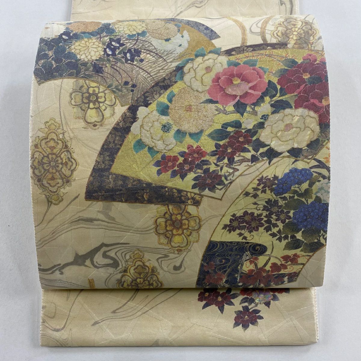 袋帶 秀品級 扇子面 草花紋 金銀彩 金金箔 米色 大鼓圖案 純蠶絲