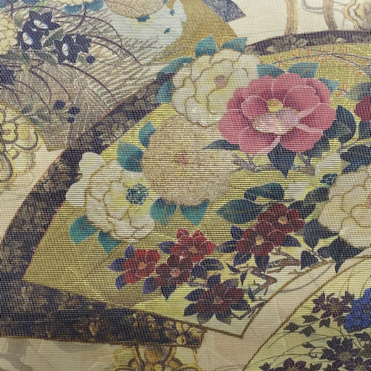 袋帶 秀品級 扇子面 草花紋 金銀彩 金金箔 米色 大鼓圖案 純蠶絲