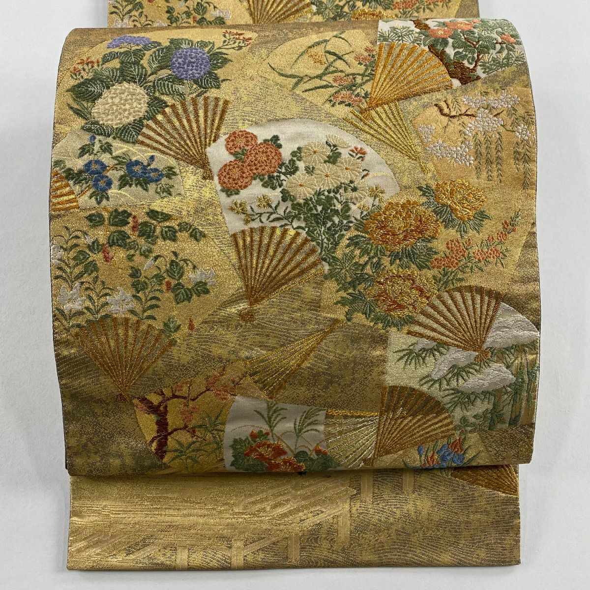 【美品】 袋帶 秀品級 扇子 草花紋 金絲 金金箔 金色 六通 純蠶絲