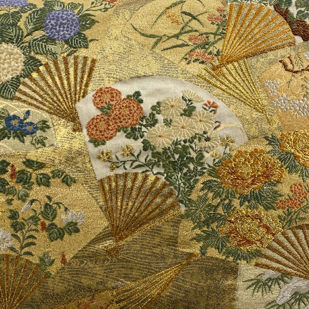 【美品】 袋帶 秀品級 扇子 草花紋 金絲 金金箔 金色 六通 純蠶絲
