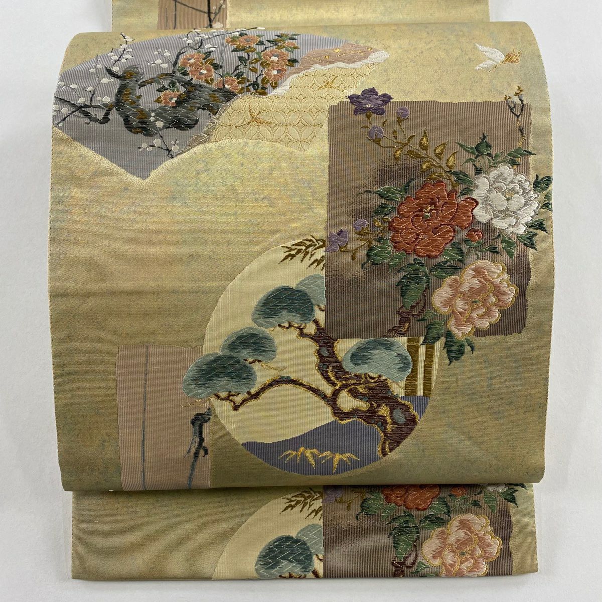 【美品】 袋帶 優品級 大和 草花紋 松樹竹子梅花 金銀線 刺繡 金色 六通 純蠶絲