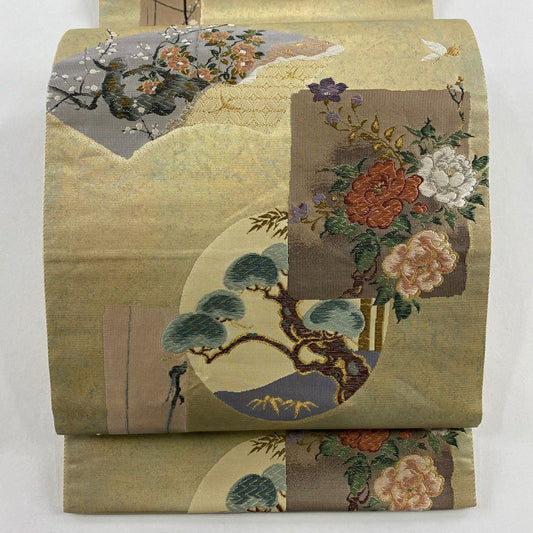 【美品】 袋帶 優品級 大和 草花紋 松樹竹子梅花 金銀線 刺繡 金色 六通 純蠶絲