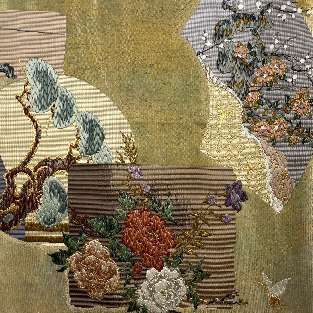 【美品】 袋帶 優品級 大和 草花紋 松樹竹子梅花 金銀線 刺繡 金色 六通 純蠶絲