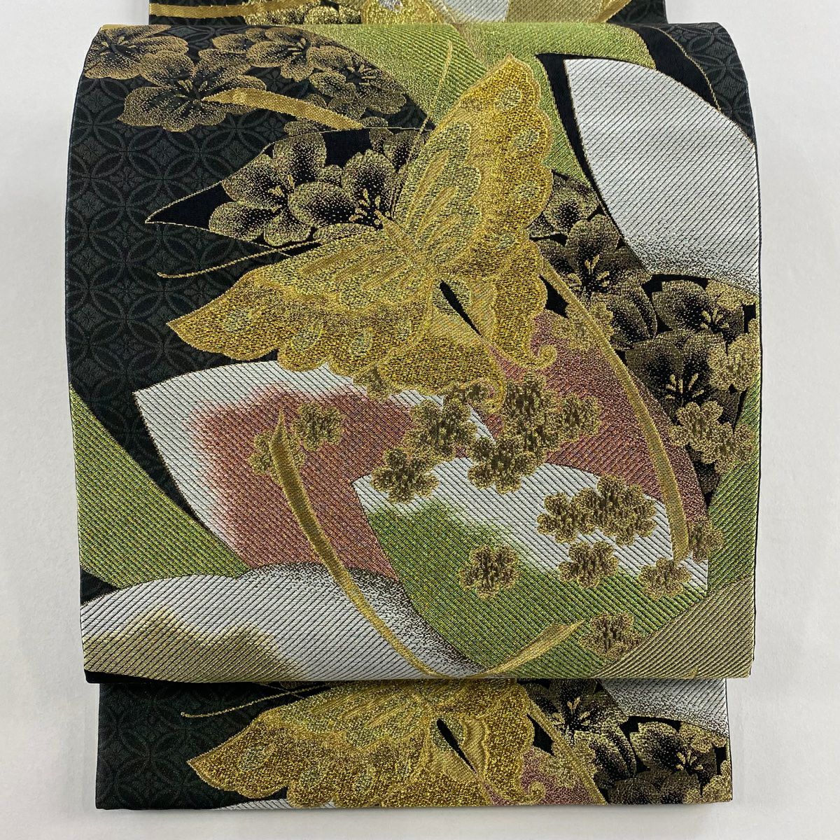【美品】 袋帶 秀品級 大和 蝴蝶 櫻花 金銀彩 金金箔 黑灰 六通 純蠶絲