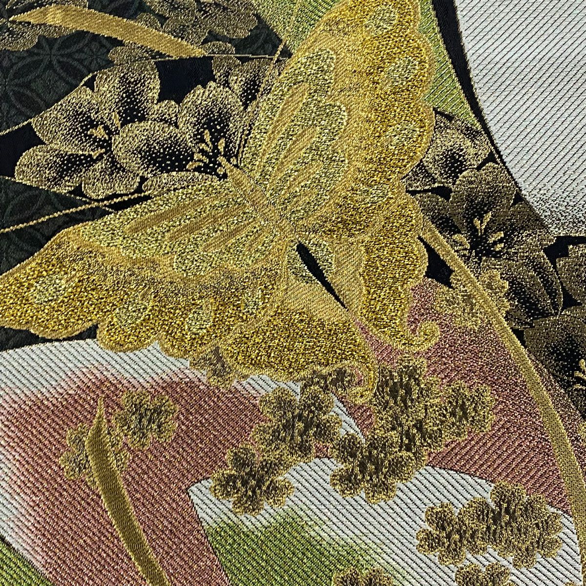 【美品】 袋帶 秀品級 大和 蝴蝶 櫻花 金銀彩 金金箔 黑灰 六通 純蠶絲
