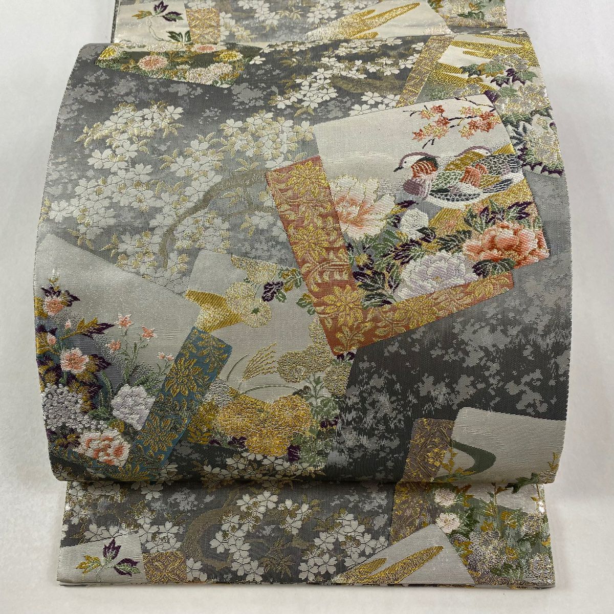 【美品】 袋帶 秀品級 色紙 鴛鴦 金金箔 唐織 灰 深藍 六通 純蠶絲