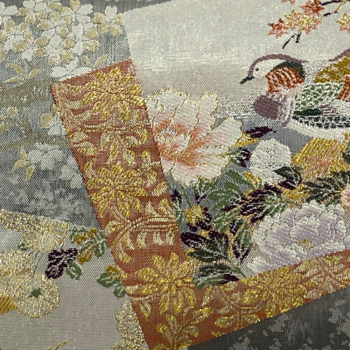 【美品】 袋帶 秀品級 色紙 鴛鴦 金金箔 唐織 灰 深藍 六通 純蠶絲