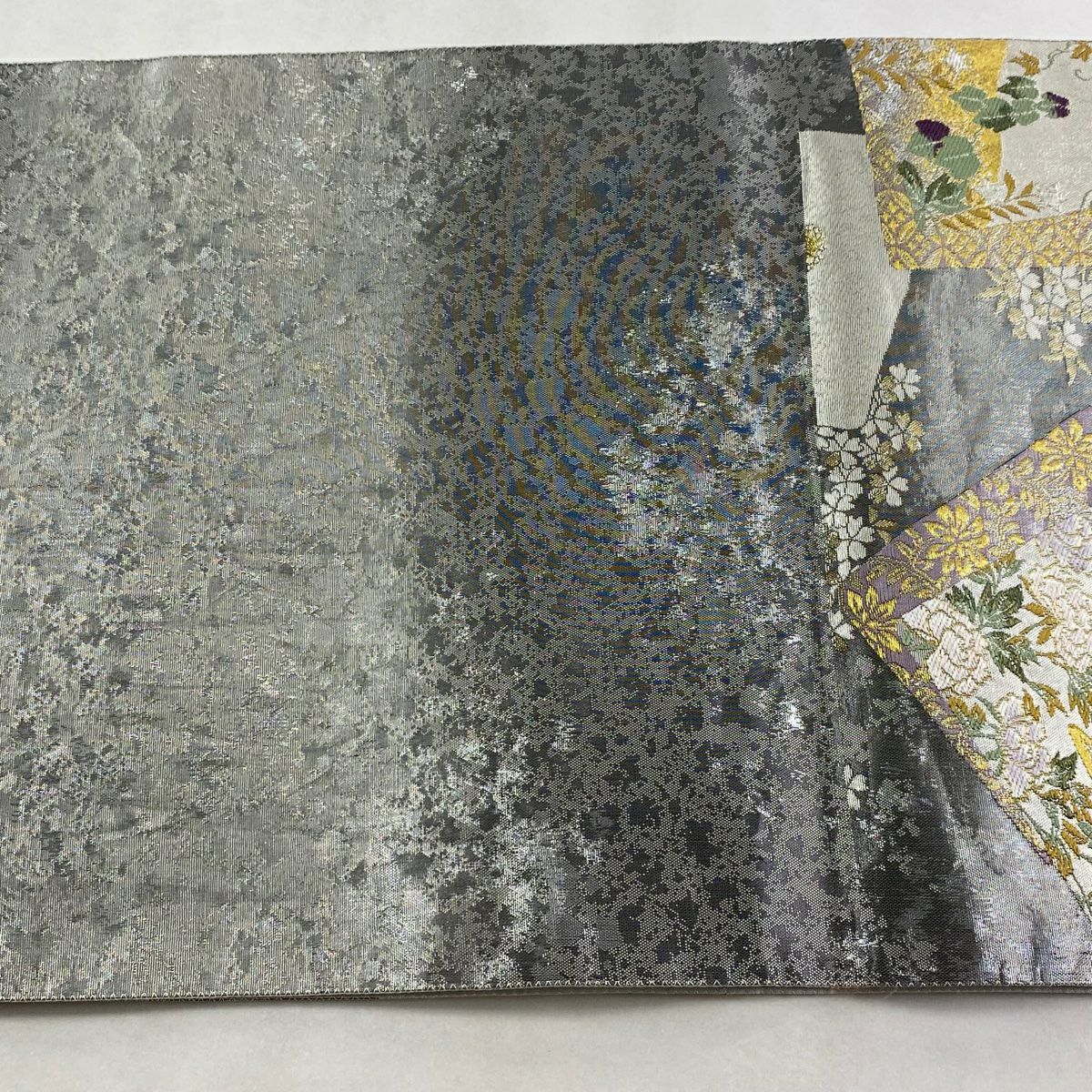 【美品】 袋帶 秀品級 色紙 鴛鴦 金金箔 唐織 灰 深藍 六通 純蠶絲