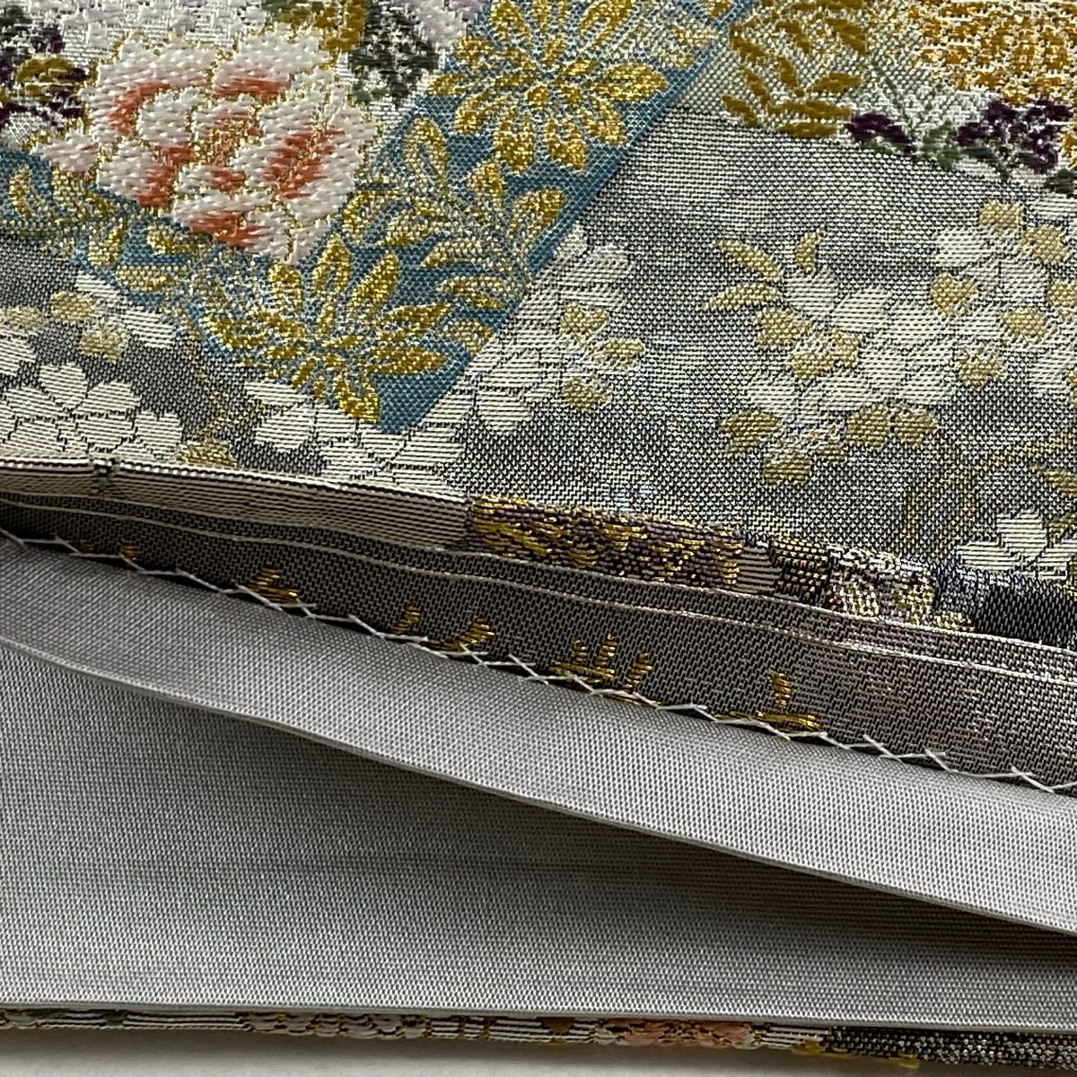 【美品】 袋帶 秀品級 色紙 鴛鴦 金金箔 唐織 灰 深藍 六通 純蠶絲